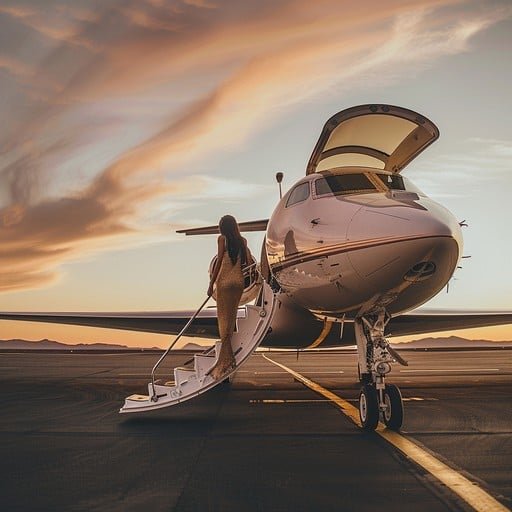 Luxury traveler boarding private jet at sunset – bespoke journey with Chaya Voyages.