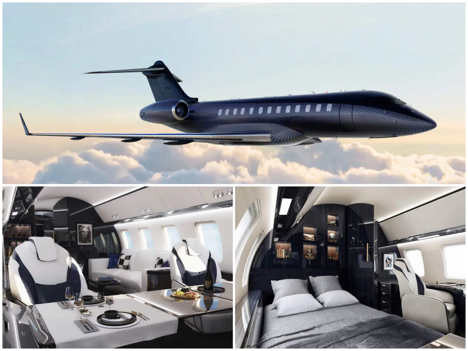 Luxury private jet exterior and interiors with fine dining and bedroom suite – exclusive travel services by Chaya Voyages, a luxury travel agency in Chicago.